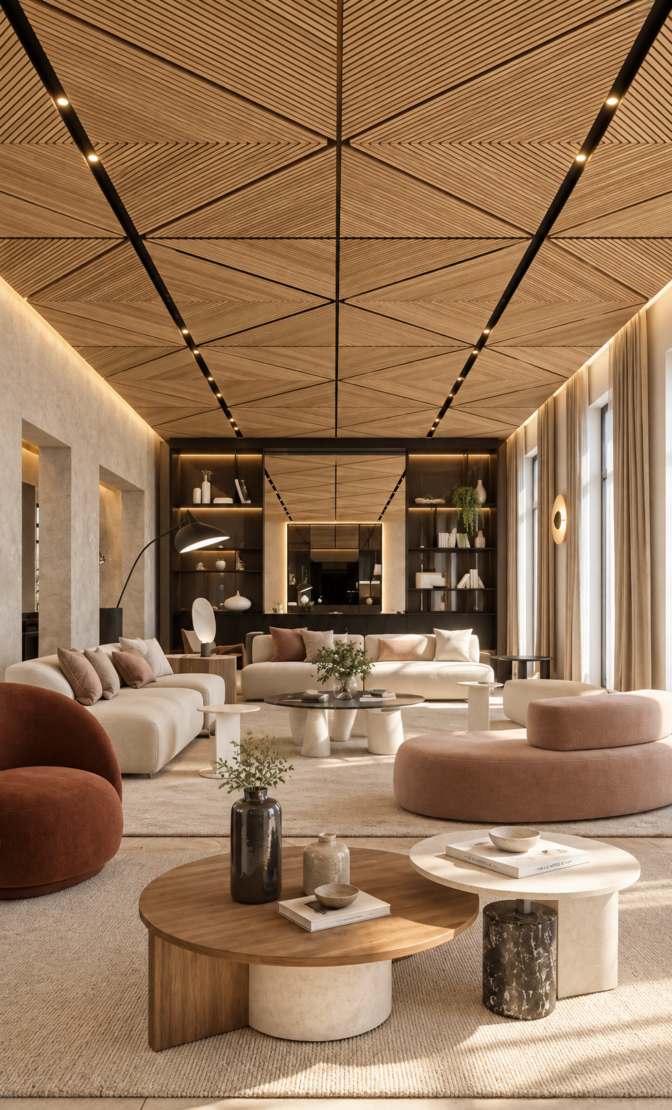 Sala de carpintería con techo de madera en patrón geométrico, libreros iluminados y mobiliario curvo