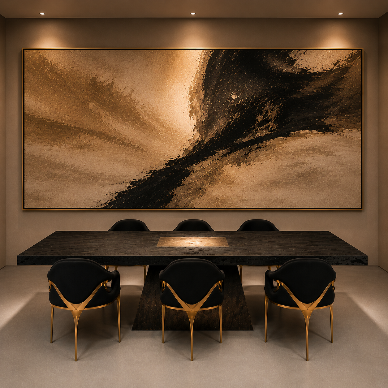 Comedor contemporáneo con mesa de madera, sillas tapizadas y iluminación de diseño