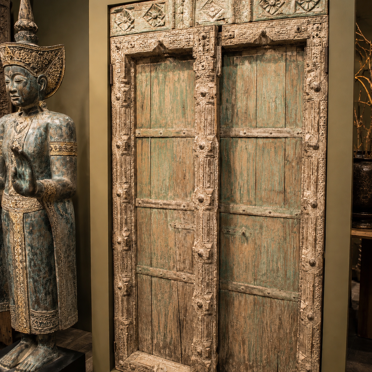 Puertas antiguas de madera tallada con pátina verde y escultura oriental