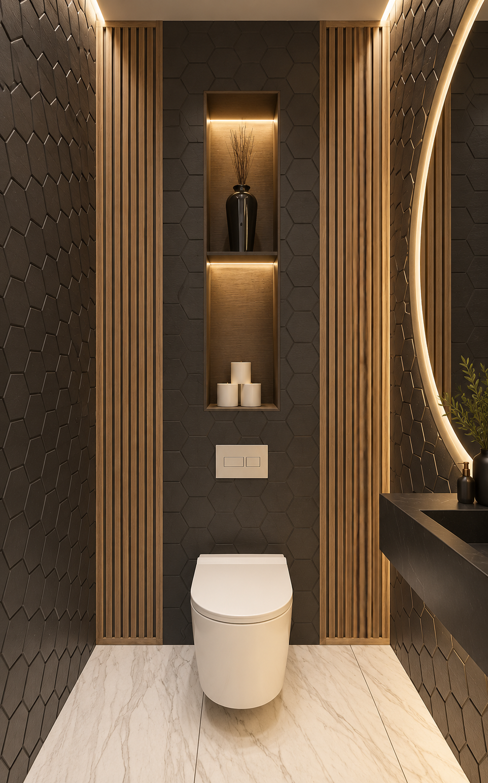 Baño de carpintería con nichos de madera iluminados, listones verticales y pared de hexágonos negros