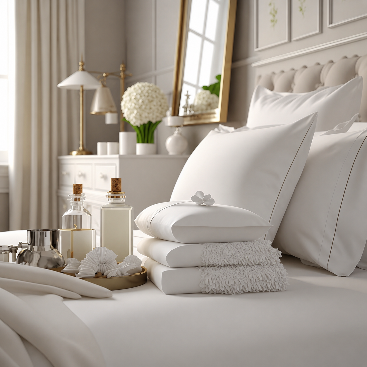 Blancos de hotel con cojines, amenidades y detalles dorados