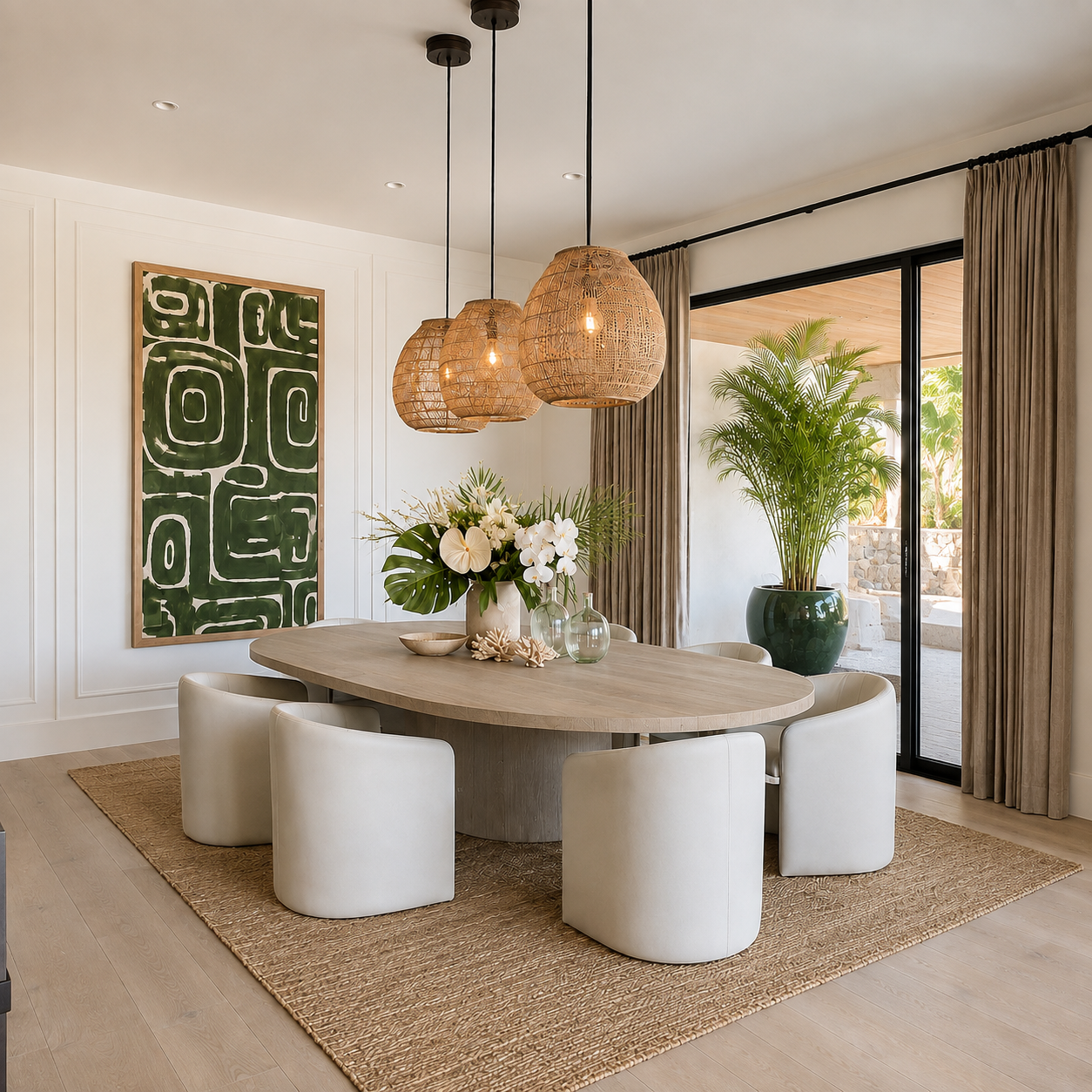 Comedor con mesa oval de madera, sillones blancos, lámparas de mimbre y arte verde