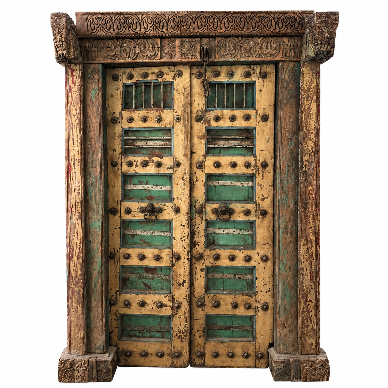 Puerta antigua policromada en verde y ocre con tallado y herrajes de bronce