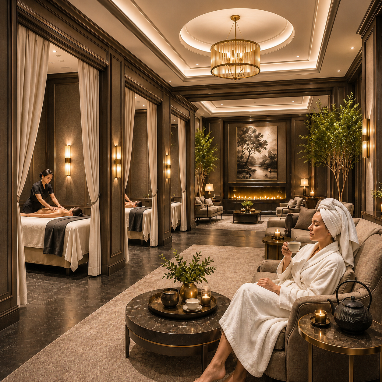 Spa de lujo con camillas de masaje, iluminación cálida y chimenea