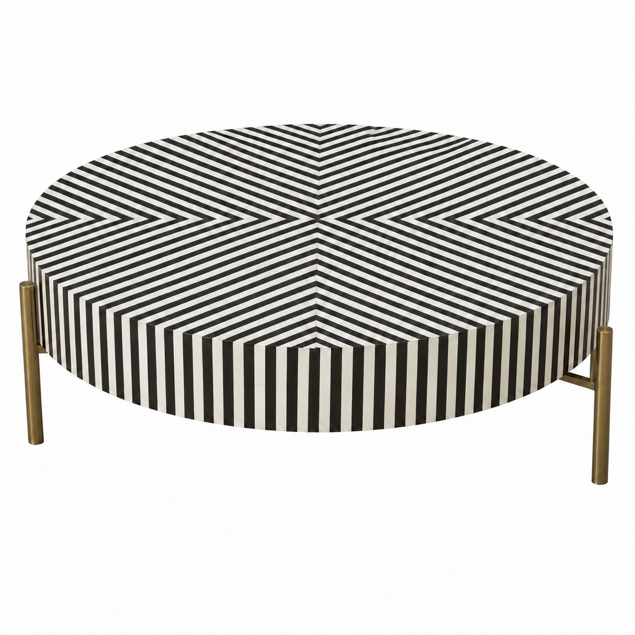 Mesa de centro redonda con incrustación de hueso en rayas blanco y negro y base de latón