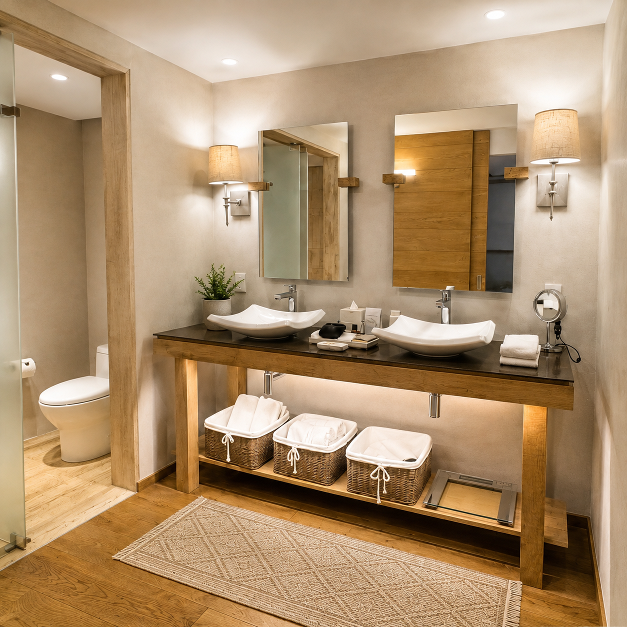 Baño con doble lavabo de madera, espejos y canastas de mimbre con toallas