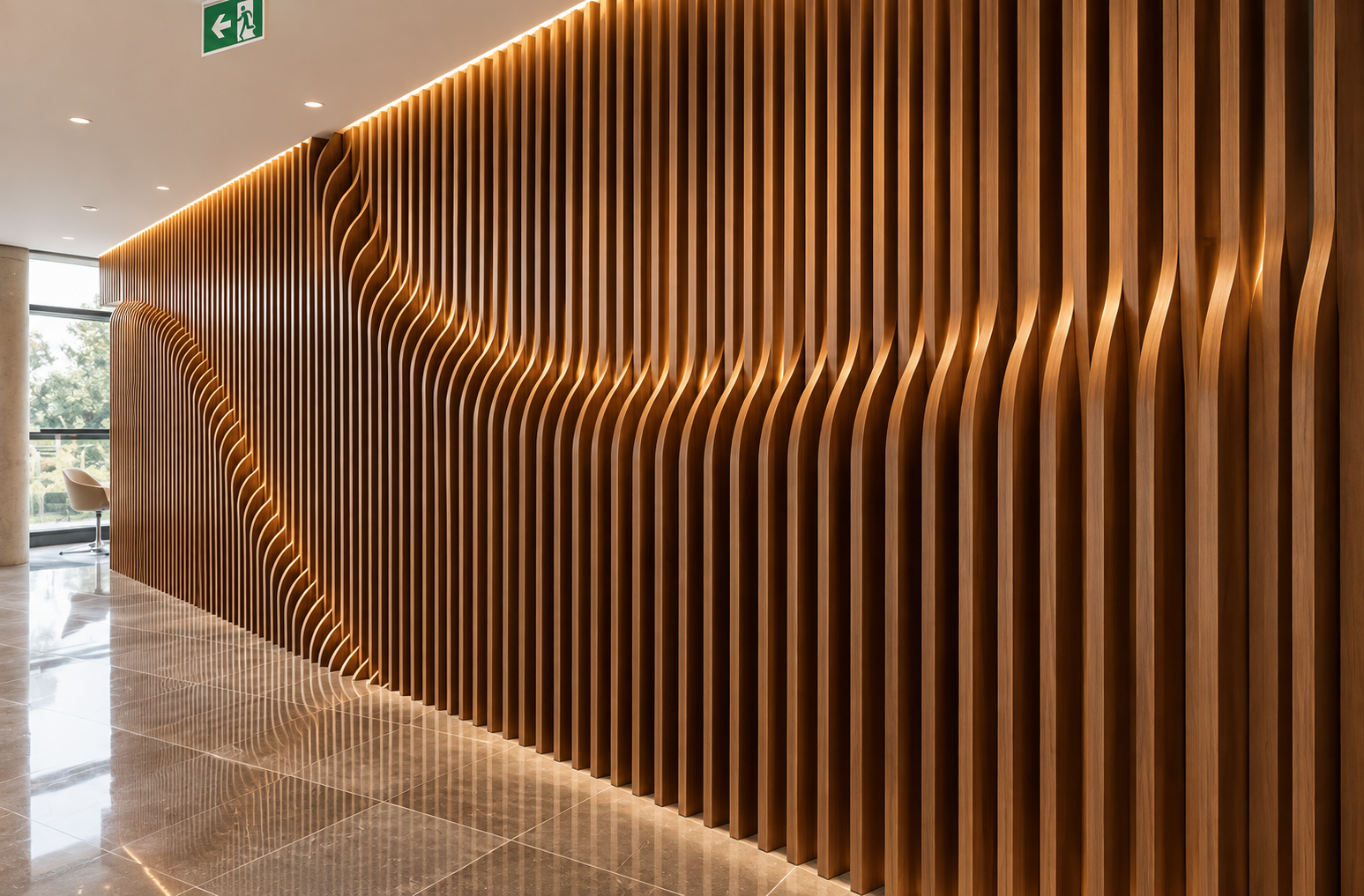 Muro de carpintería con listones de madera ondulados e iluminación indirecta en pasillo corporativo