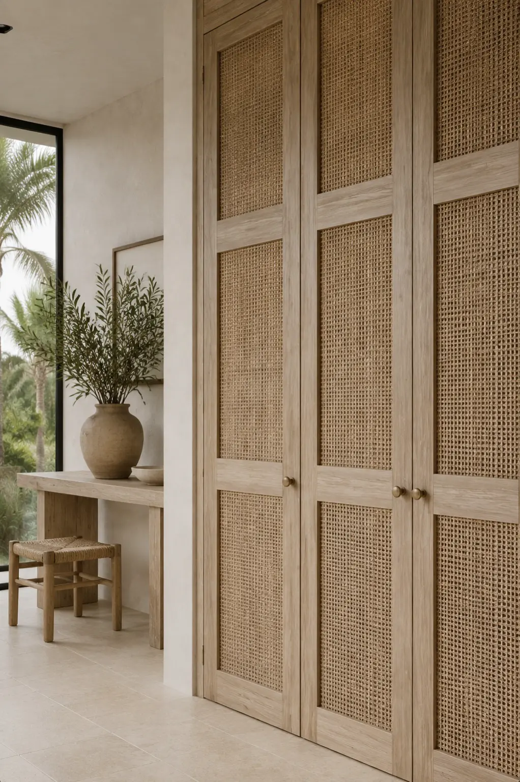 Closet de madera con puertas de caña tejida, banco de madera y jarrón con vegetación