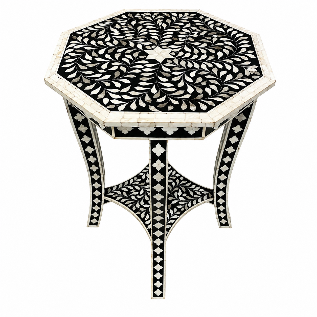 Mesa lateral octagonal con incrustación de hueso y nácar en motivo floral
