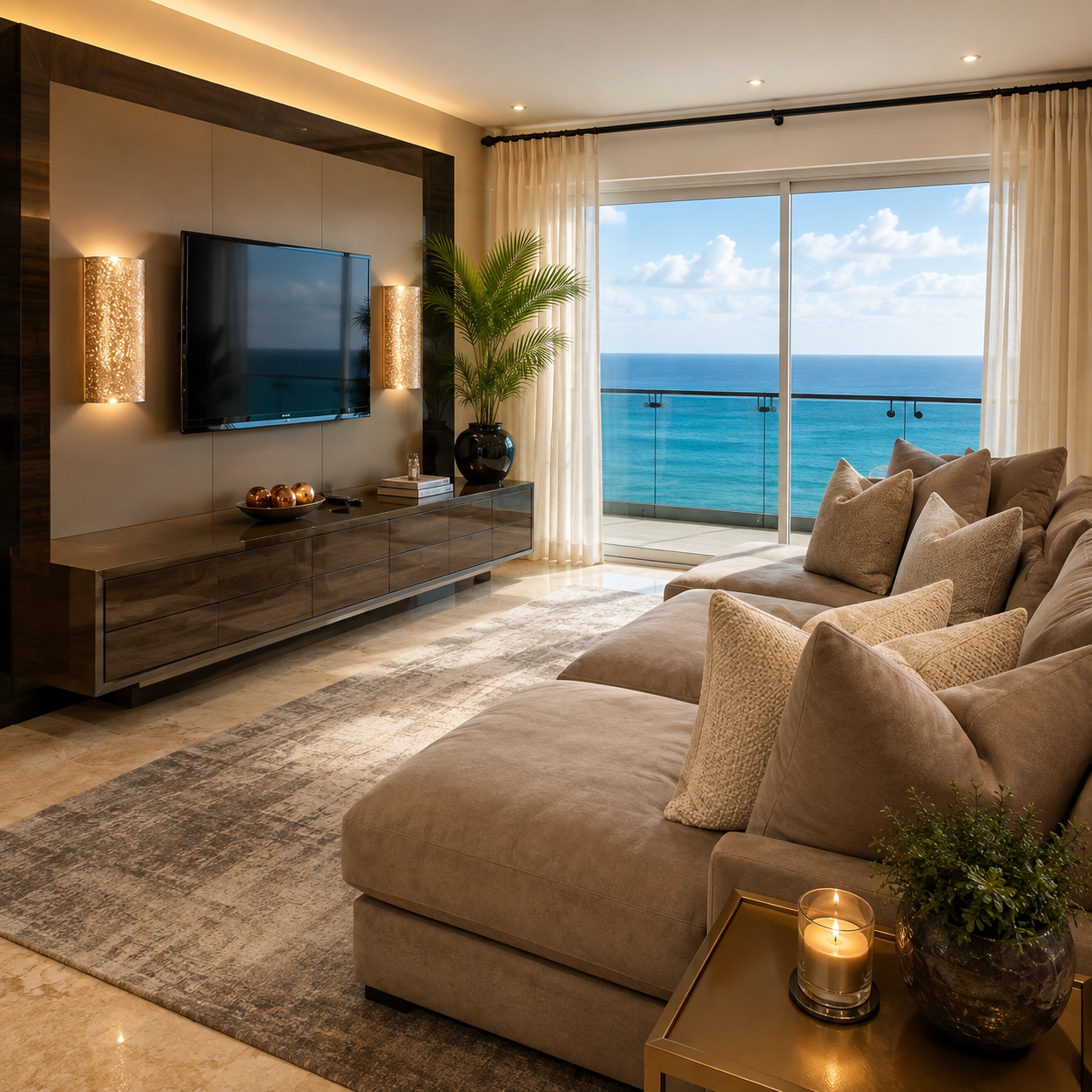 Sala de estar frente al mar con sofá en tonos arena, vista al océano y detalles en bronce