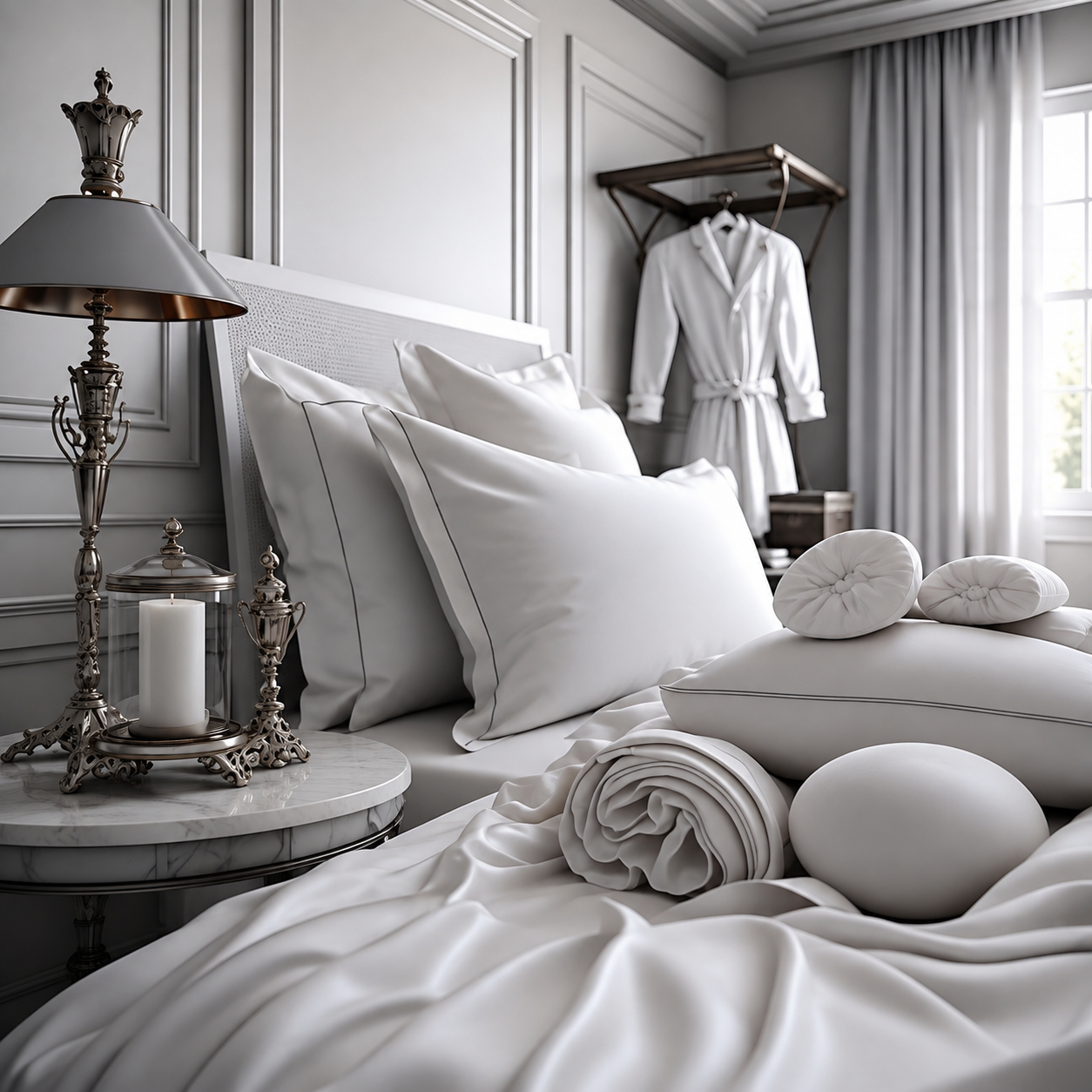 Recámara gris de hotel con lámpara ornamental, bata y ropa de cama blanca