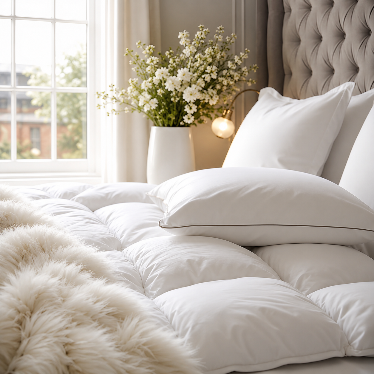 Cama con plumón blanco, cojines y cabecera capitonada junto a la ventana