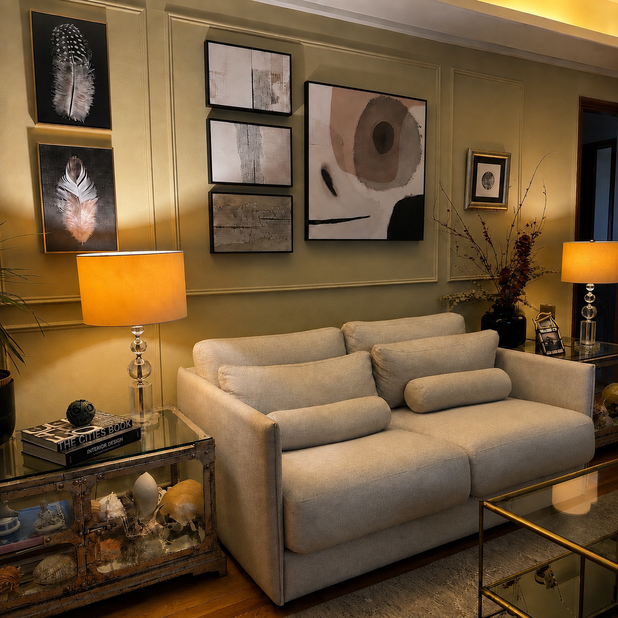 Sala contemporánea y cálida con sofá beige, lámparas de mesa con pantalla naranja y composición de cuadros