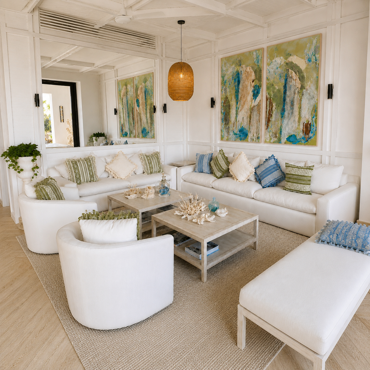 Sala de estar luminosa con sofás blancos, cojines en tonos verde y azul, y lámpara de mimbre