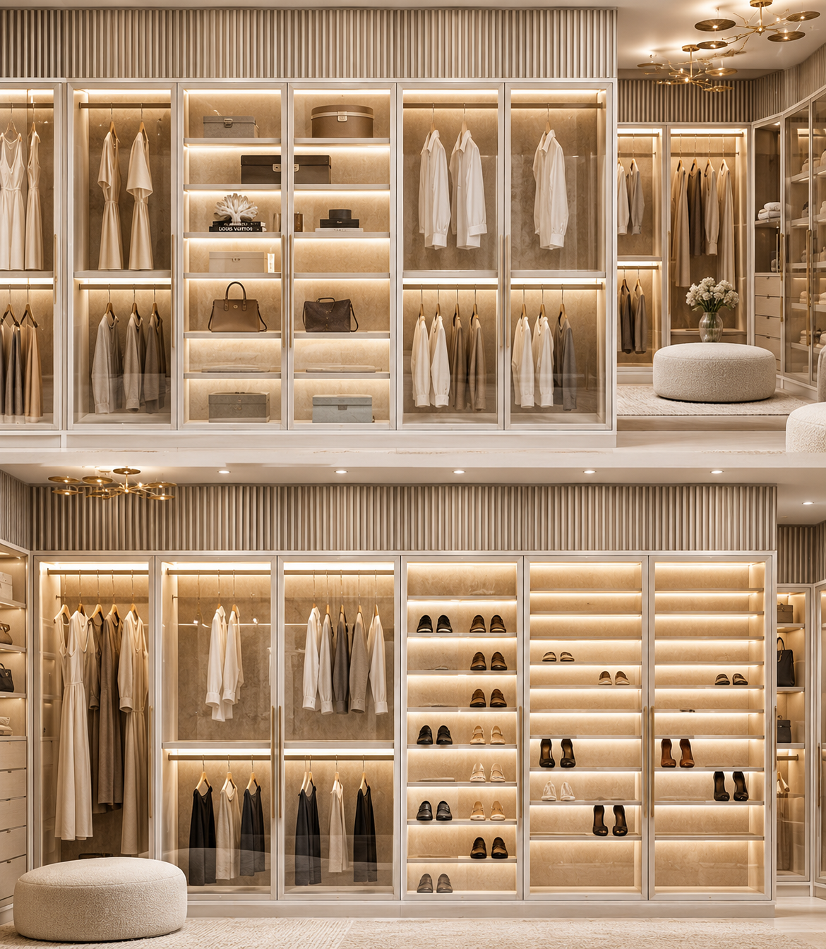 Vestidor de lujo con armarios de cristal iluminados, ropa, calzado y bolsos organizados