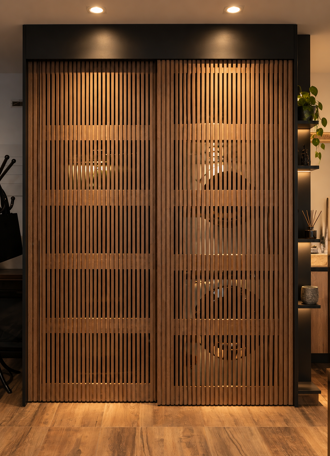 Puerta corrediza de carpintería con listones verticales de madera y marco negro