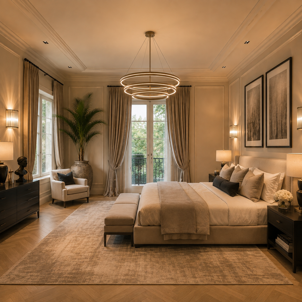 Recámara elegante en tonos crema con candelabro circular, sillón y vistas al jardín