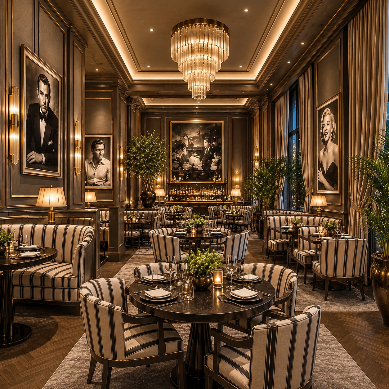 Restaurante de lujo con iluminación cálida, cristal y sillería a rayas