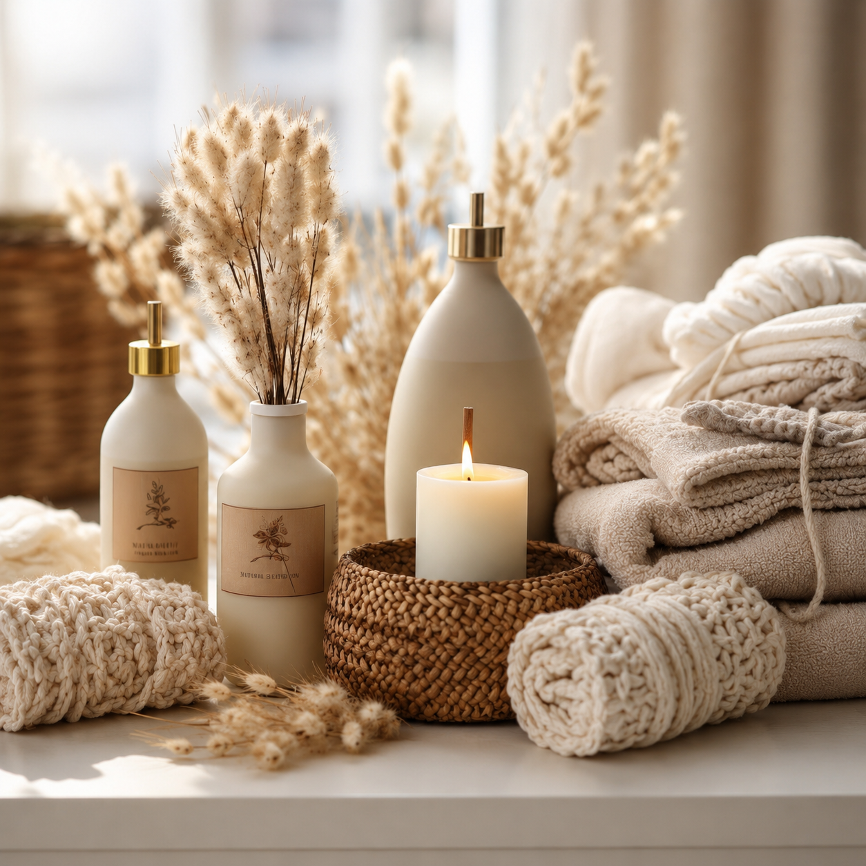 Set de amenidades en tonos crema con vela, toallas y flores secas