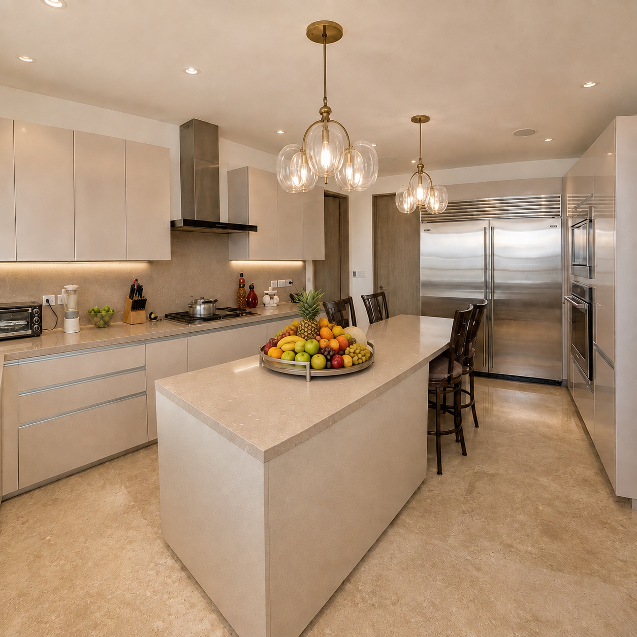 Cocina abierta con isla de cuarzo, lámparas de cristal y latón