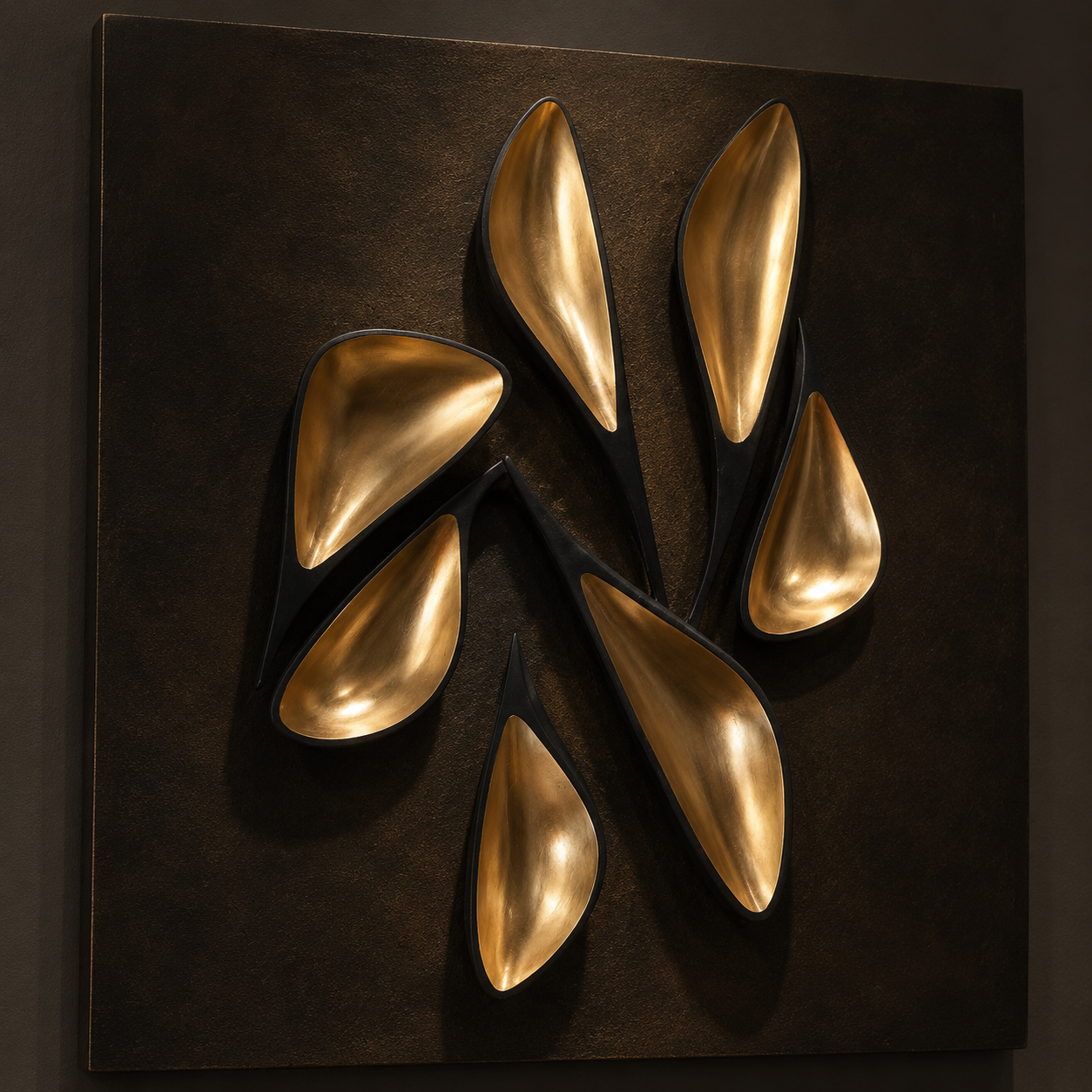 Panel escultórico de bronce con hojas doradas sobre fondo oscuro