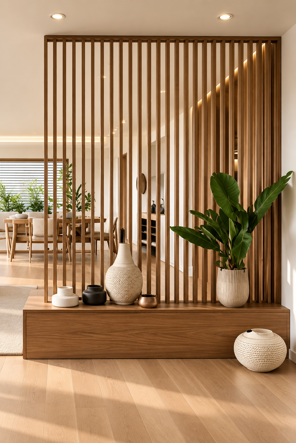 Divisor de carpintería con listones verticales, base de madera y accesorios de cerámica