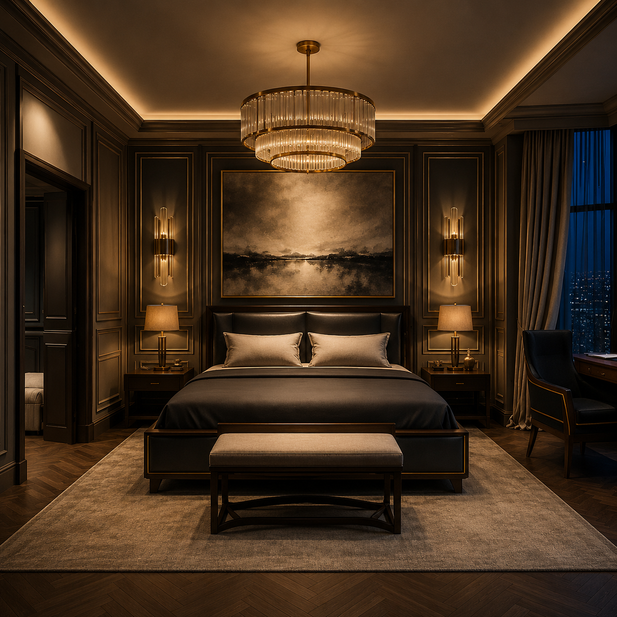 Suite de lujo con lámpara de cristal y vista nocturna a la ciudad