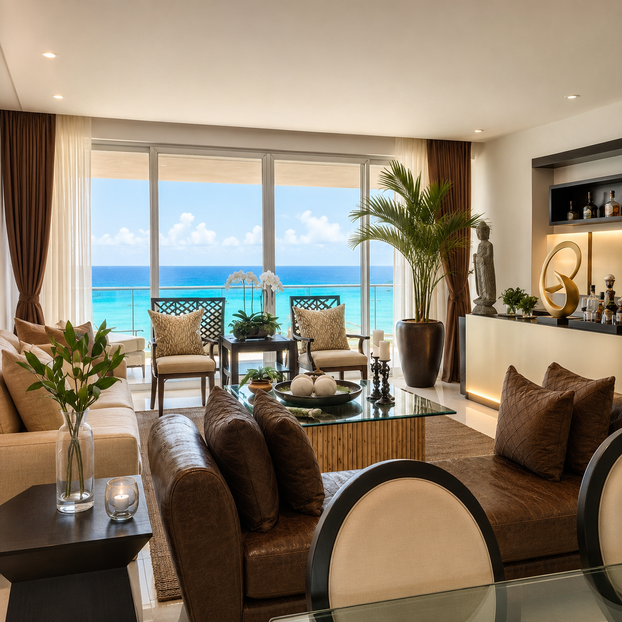 Sala frente al mar con sofá en tonos chocolate, sillas de terraza y vista al océano