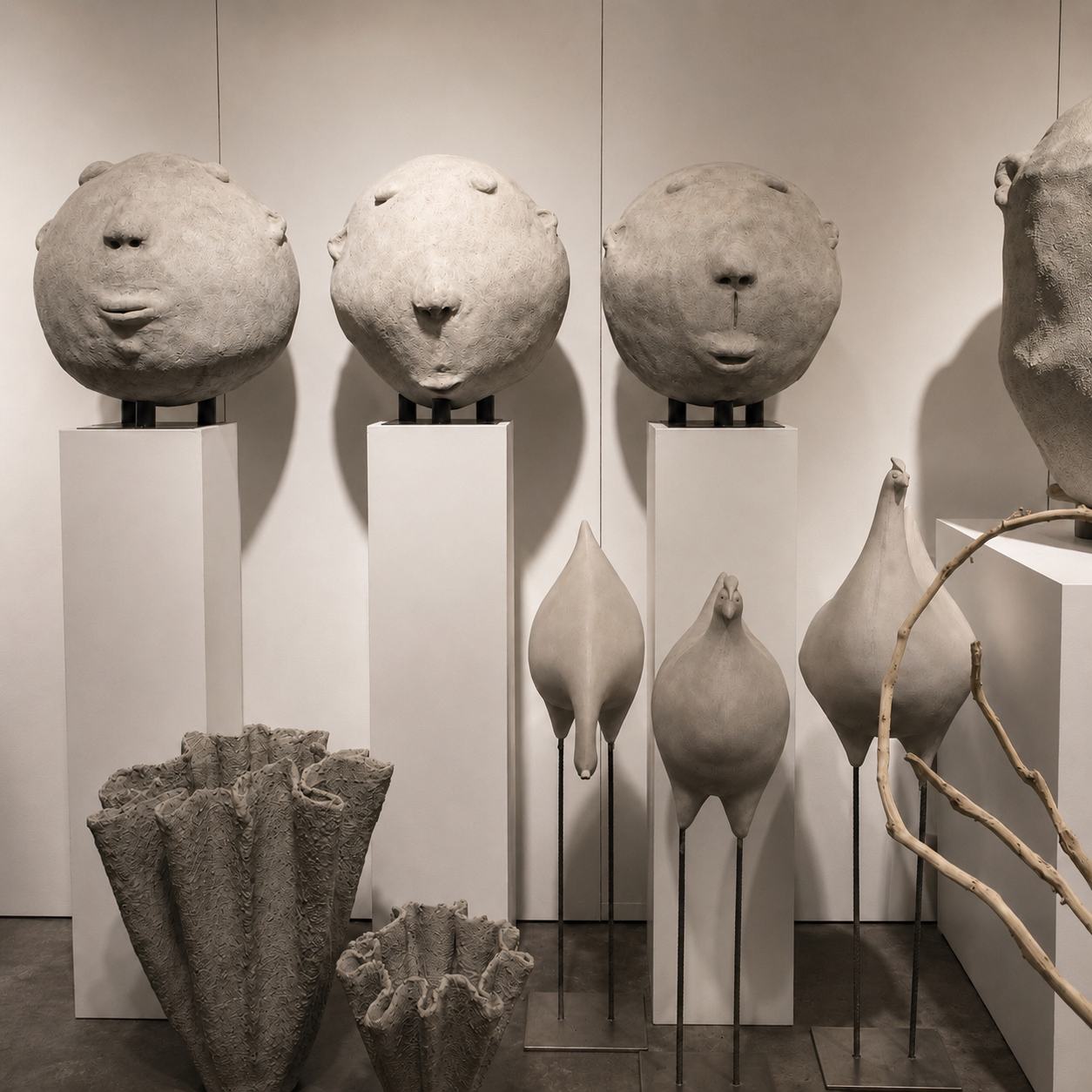 Esculturas contemporáneas en cerámica sobre pedestales blancos