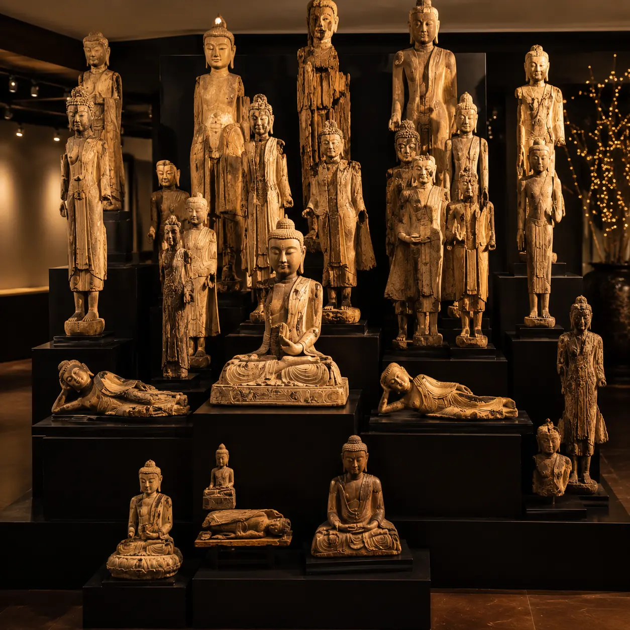 Colección de esculturas de Buda en madera tallada sobre bases negras