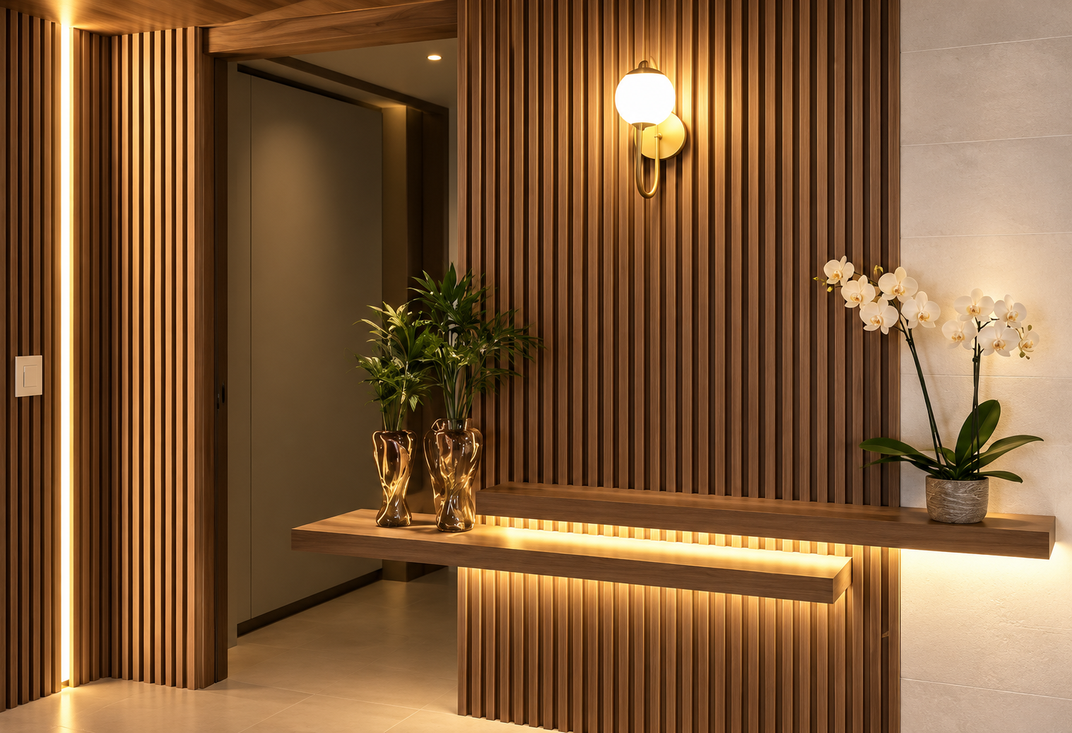 Consola de carpintería con listones verticales iluminados, apliques dorados y orquídeas
