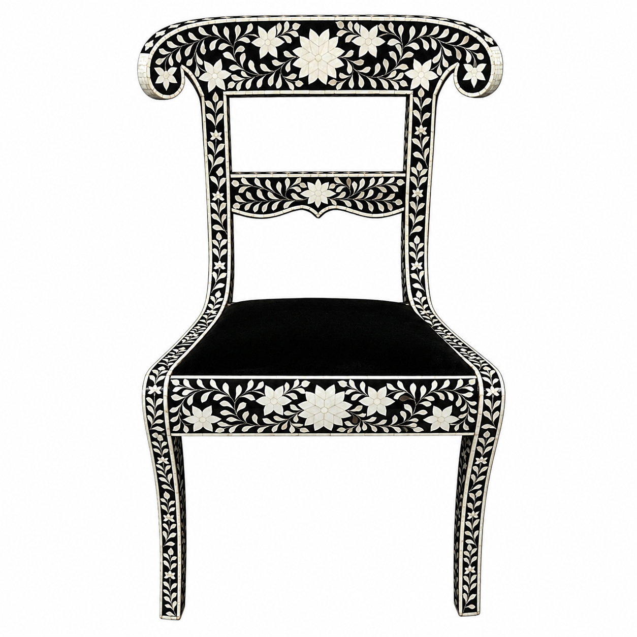 Silla con incrustación de hueso floral y asiento de terciopelo negro