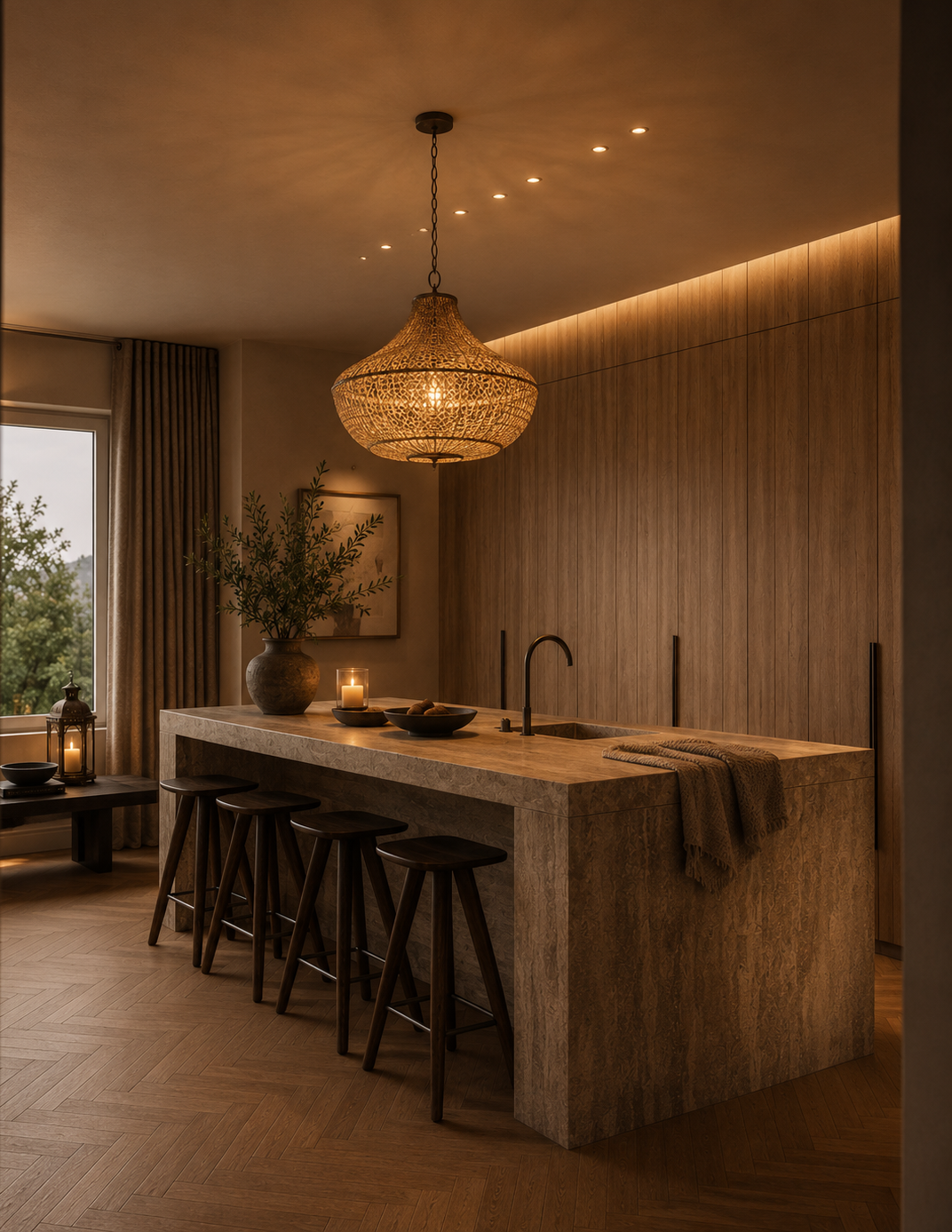 Cocina con isla de piedra, lambrín de madera y lámpara calada