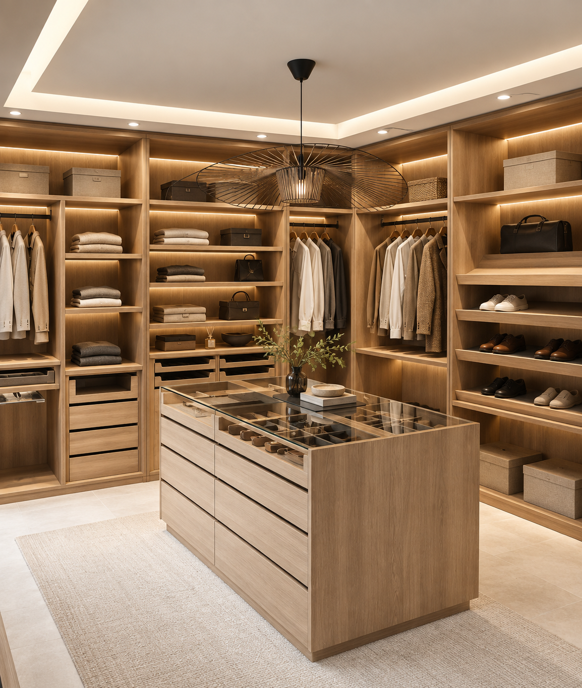 Vestidor de carpintería con isla central de madera clara, cajones y vitrina de cristal