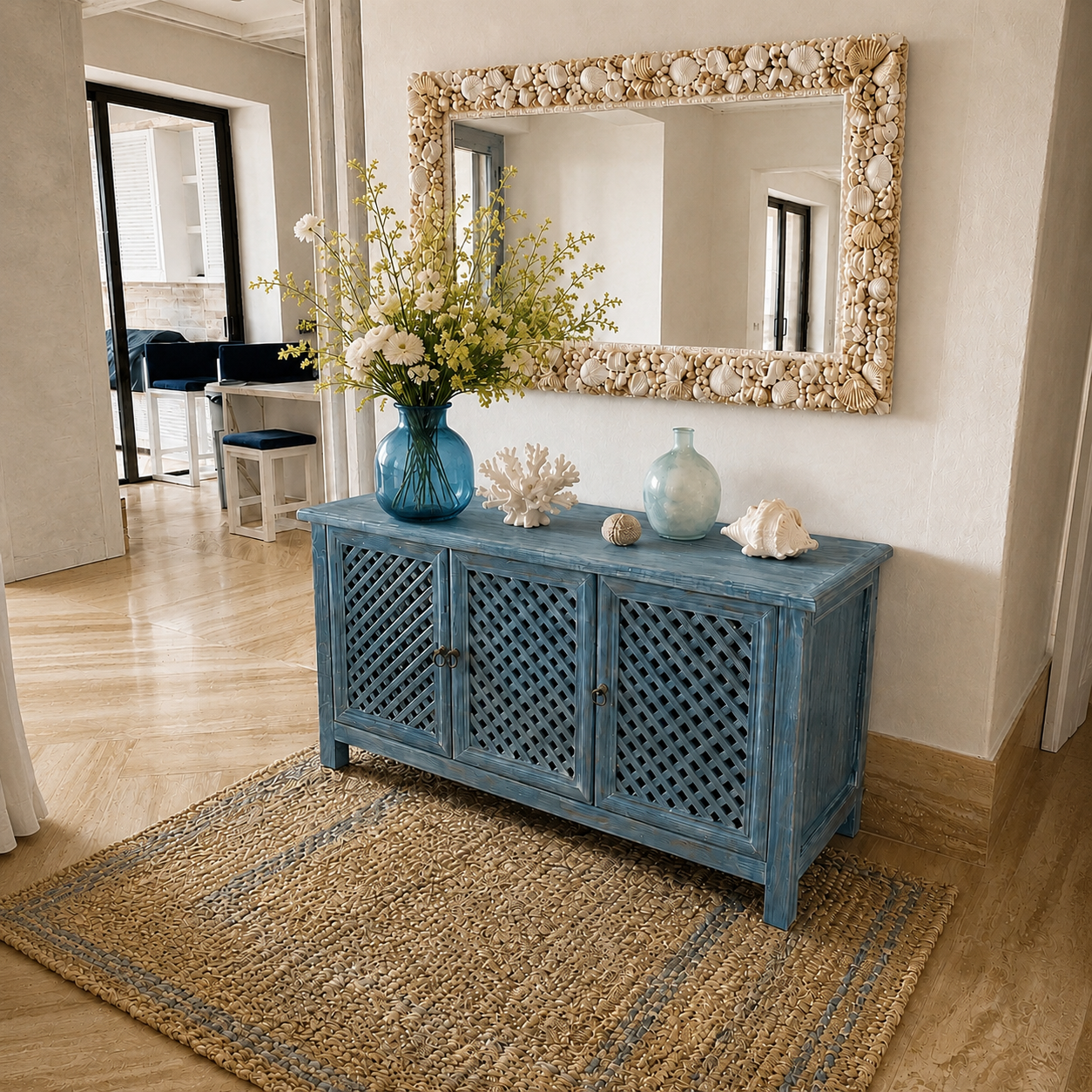 Recibidor con credenza azul, espejo con marco de conchas y decoración marina