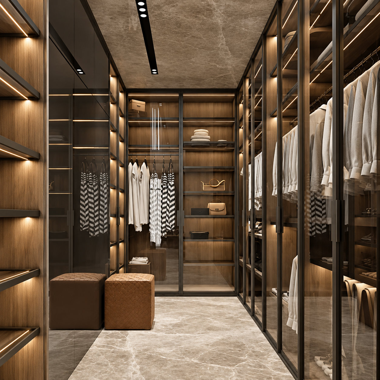 Vestidor de carpintería en madera oscura con vidrio, iluminación cálida y puffs de cuero