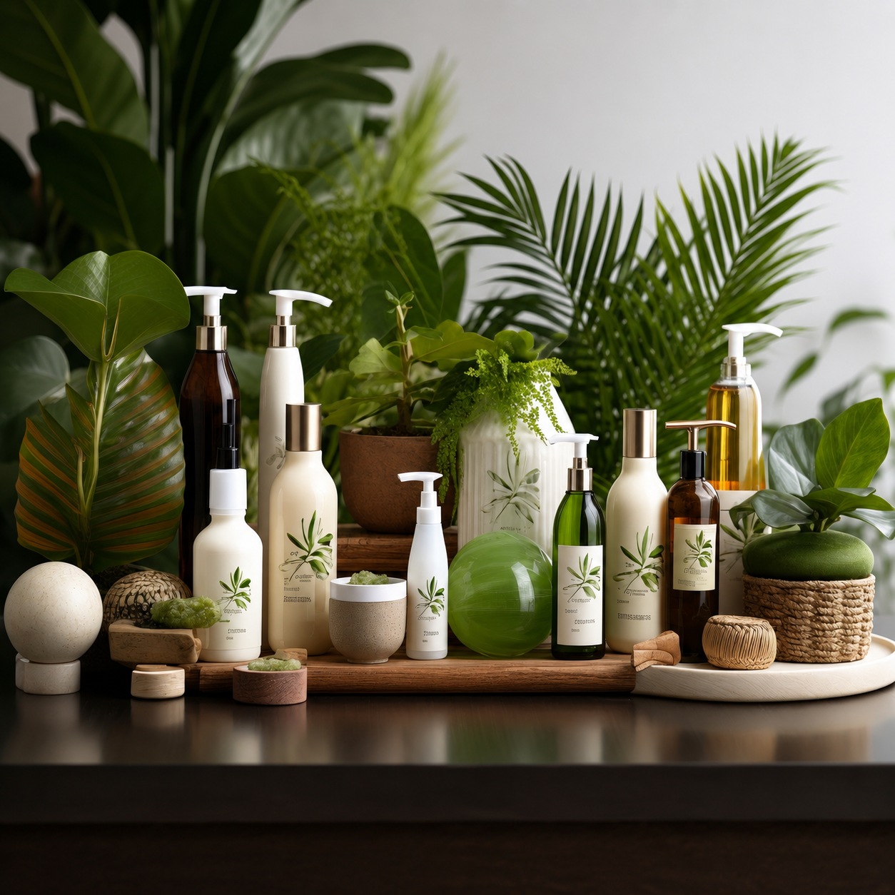 Amenidades de spa con botellas de productos naturales entre plantas tropicales