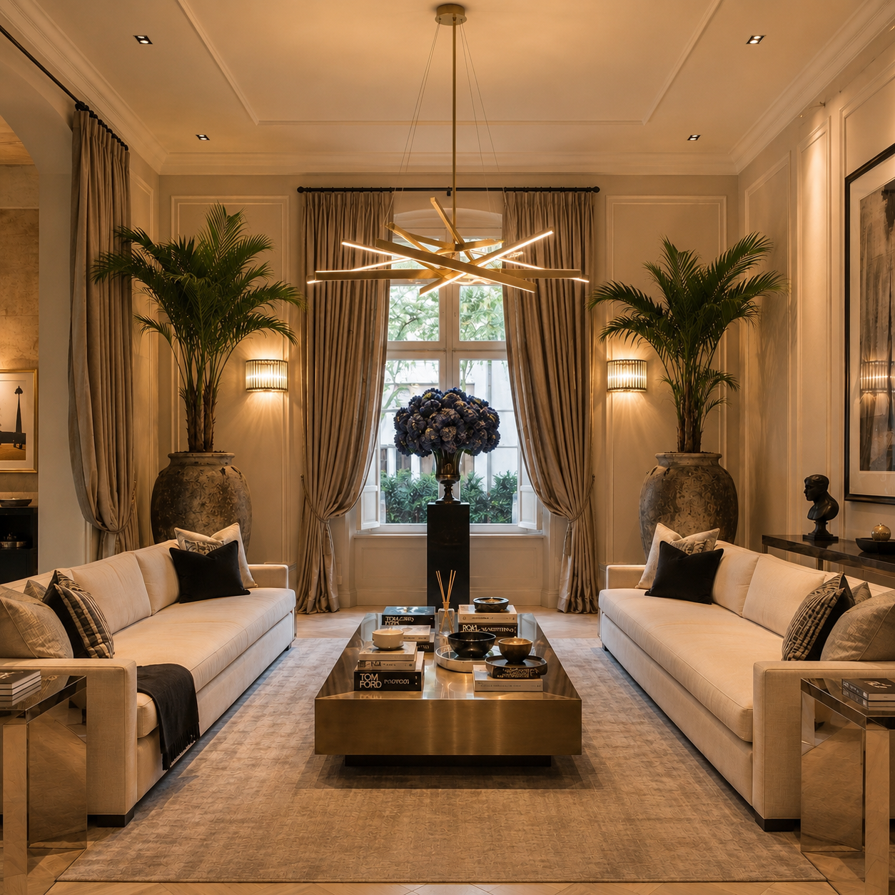 Sala simétrica urbana con sofás beige, mesa de centro en bronce y palmeras en tibores