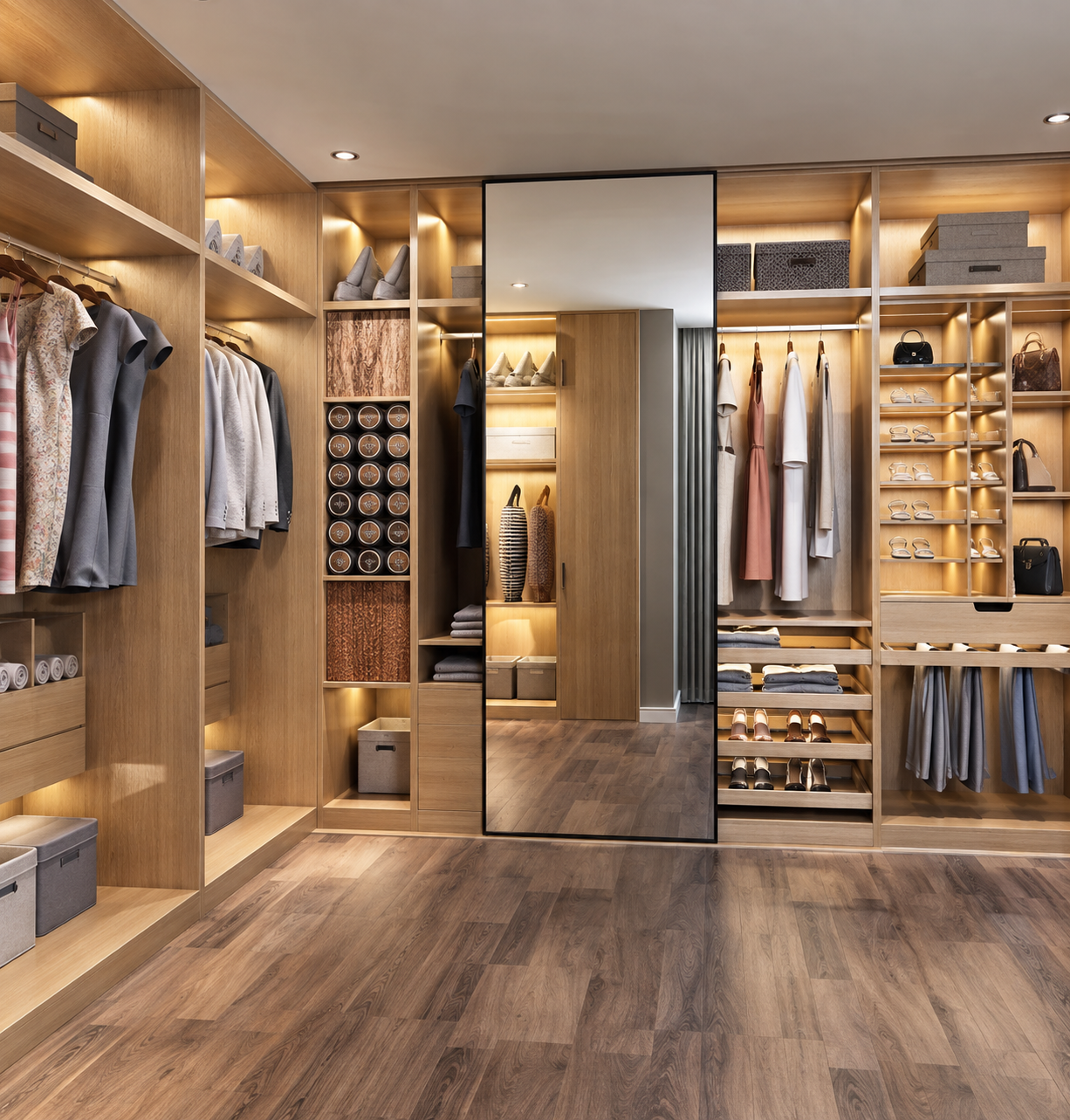 Vestidor de madera clara con iluminación interior, espejo de cuerpo completo y organización de ropa y calzado