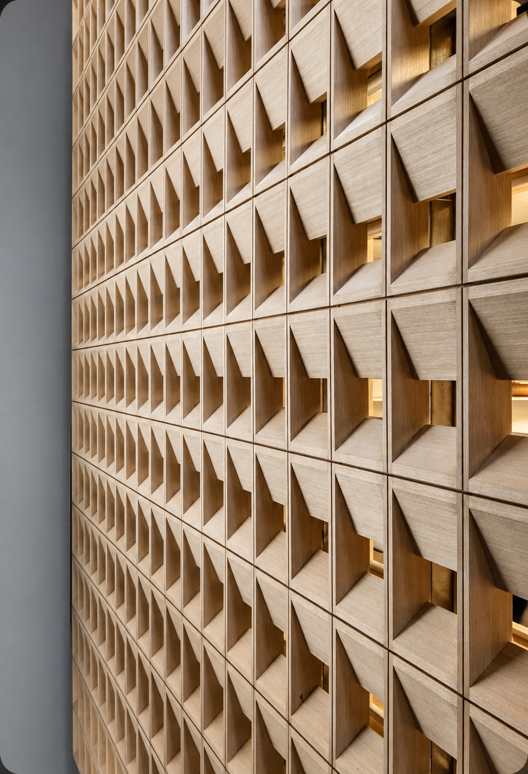 Muro de carpintería con paneles geométricos tridimensionales en madera clara e iluminación indirecta