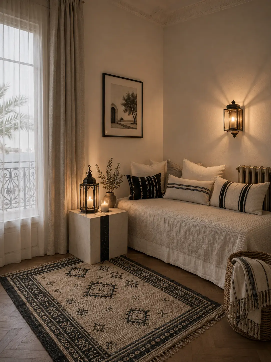 Habitación mediterránea con textiles de lino, faroles y tapete bereber