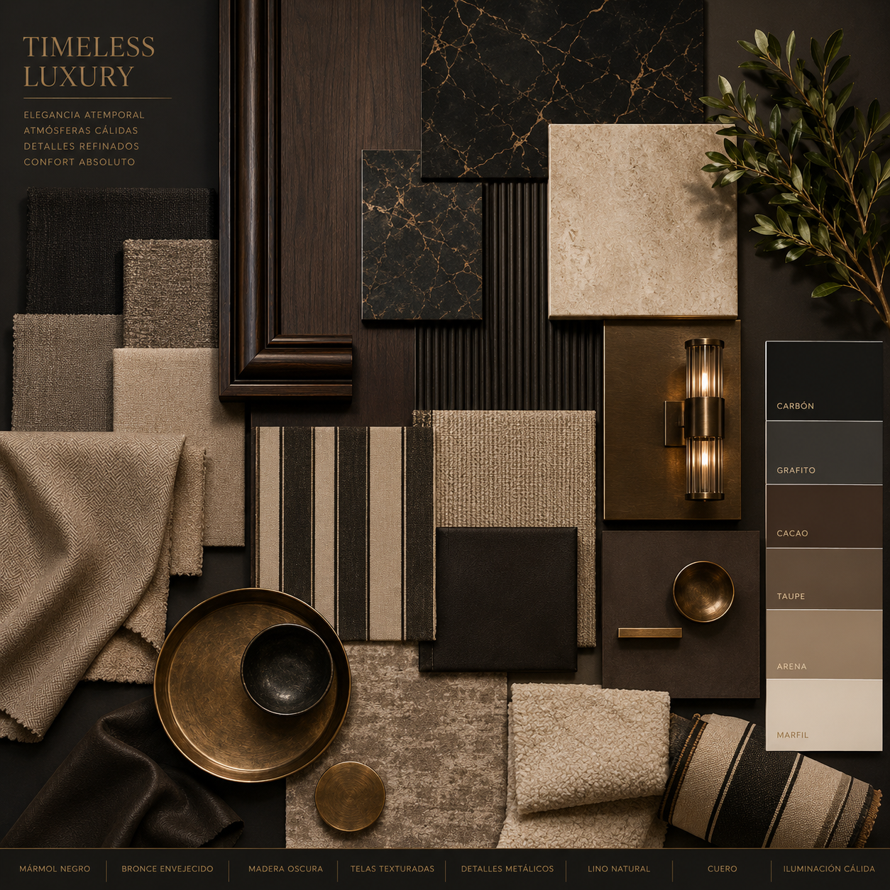 Moodboard de materiales de lujo: mármol negro, bronce, madera oscura y textiles naturales