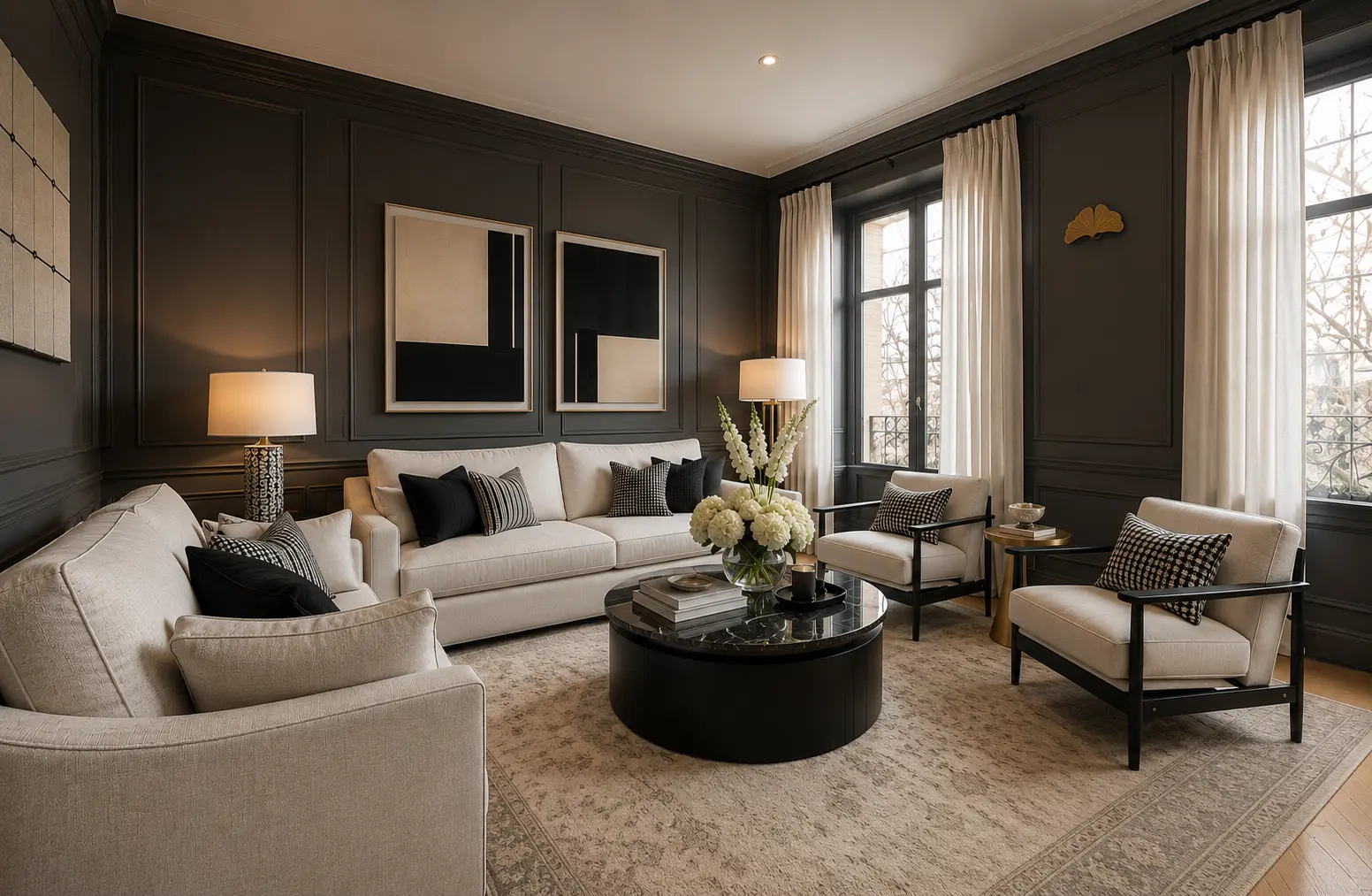 Sala con boiserie oscura, sofás en lino y mesa de mármol negro