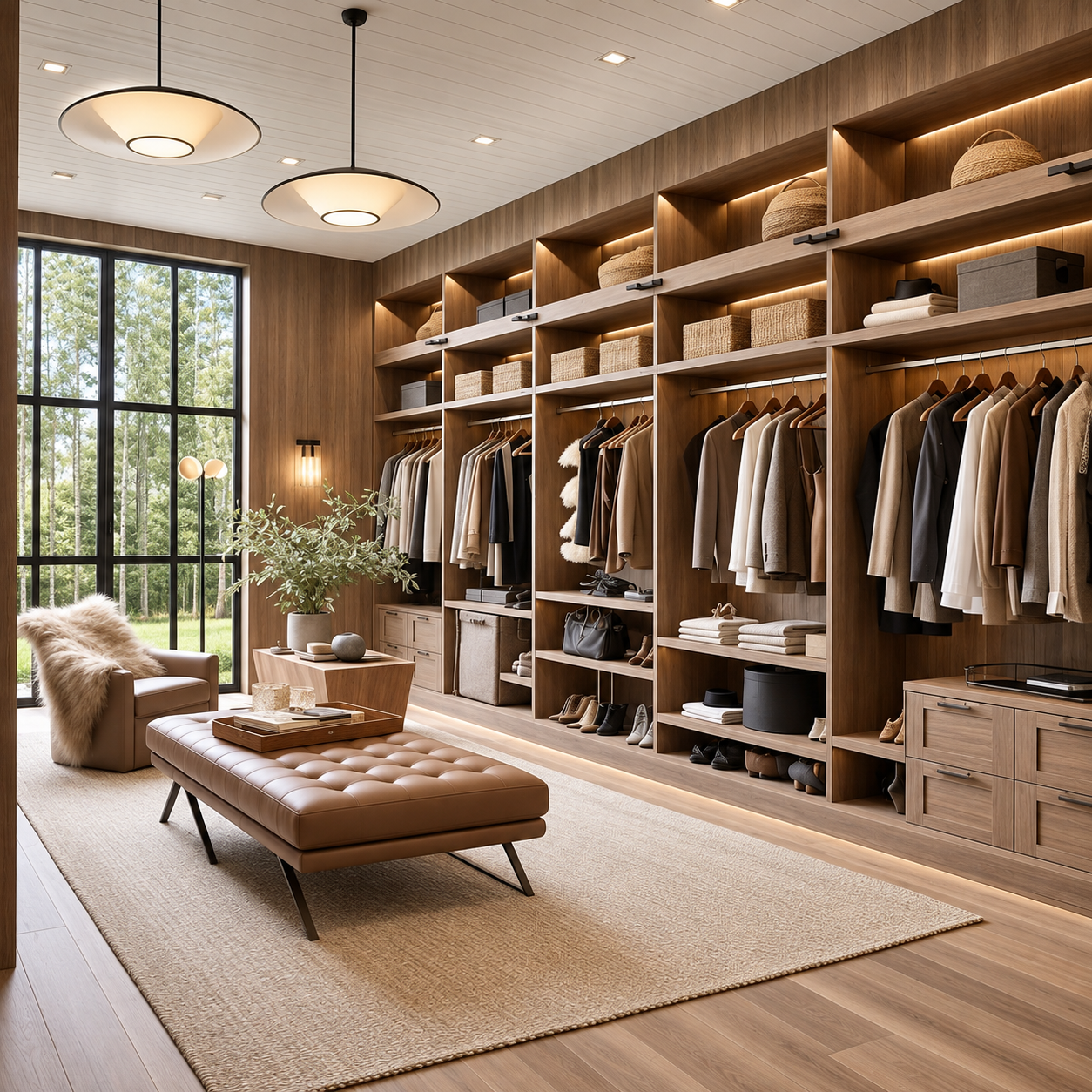 Vestidor de carpintería en madera clara con iluminación indirecta, banco tapizado y vista al jardín