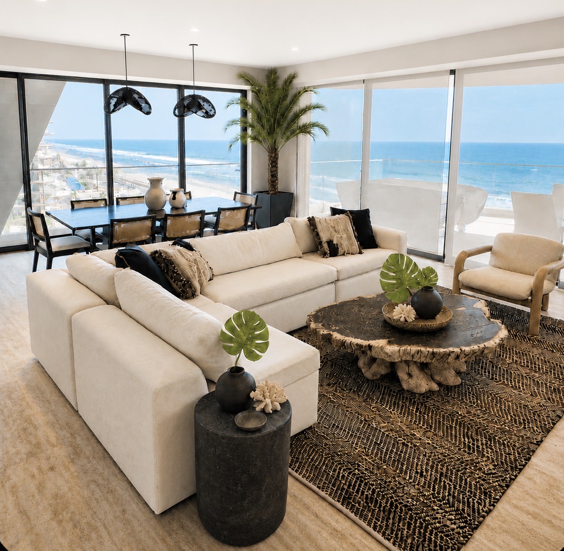 Sala y comedor frente al mar con sofá modular crema, tapete tejido y vista al océano