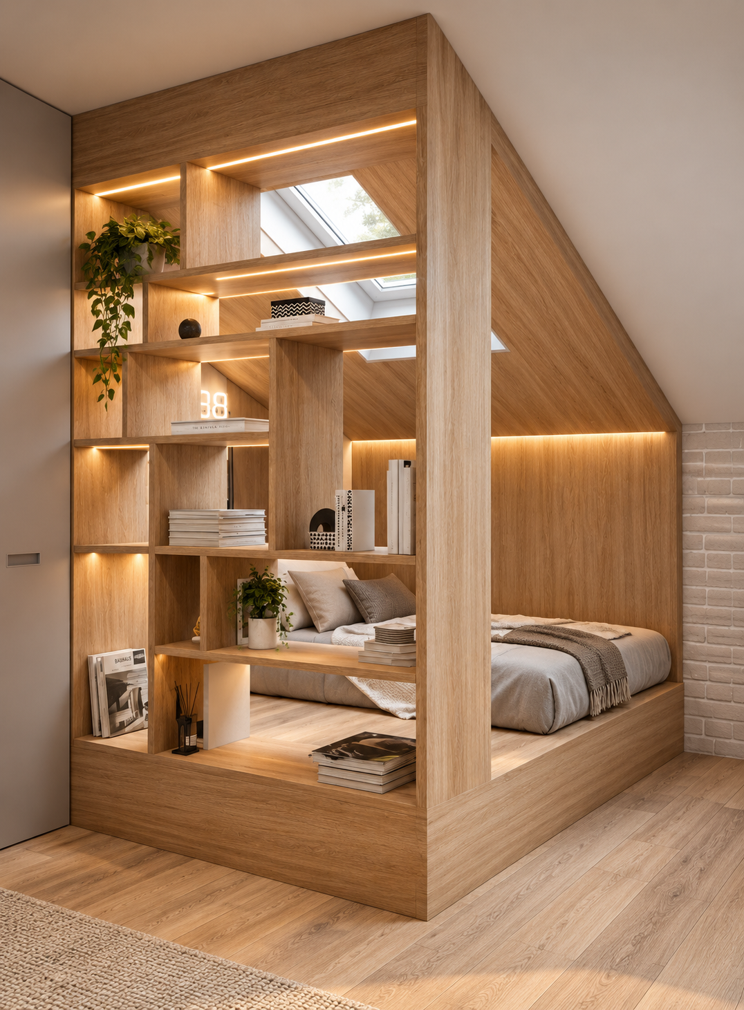 Buhardilla de carpintería con estructura de madera, nichos iluminados y cama integrada bajo tragaluz