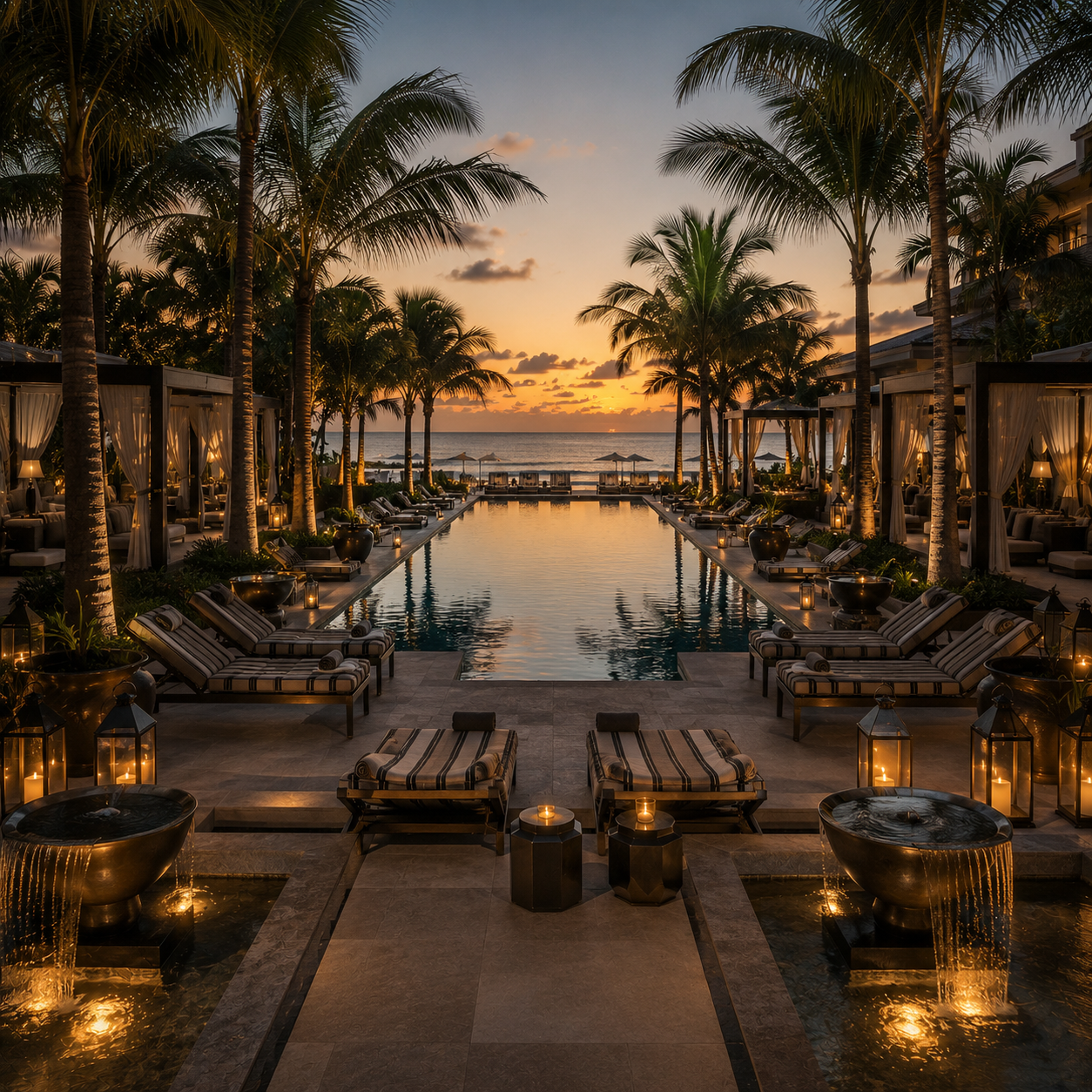 Alberca infinity de resort al atardecer con palmeras y cabañas
