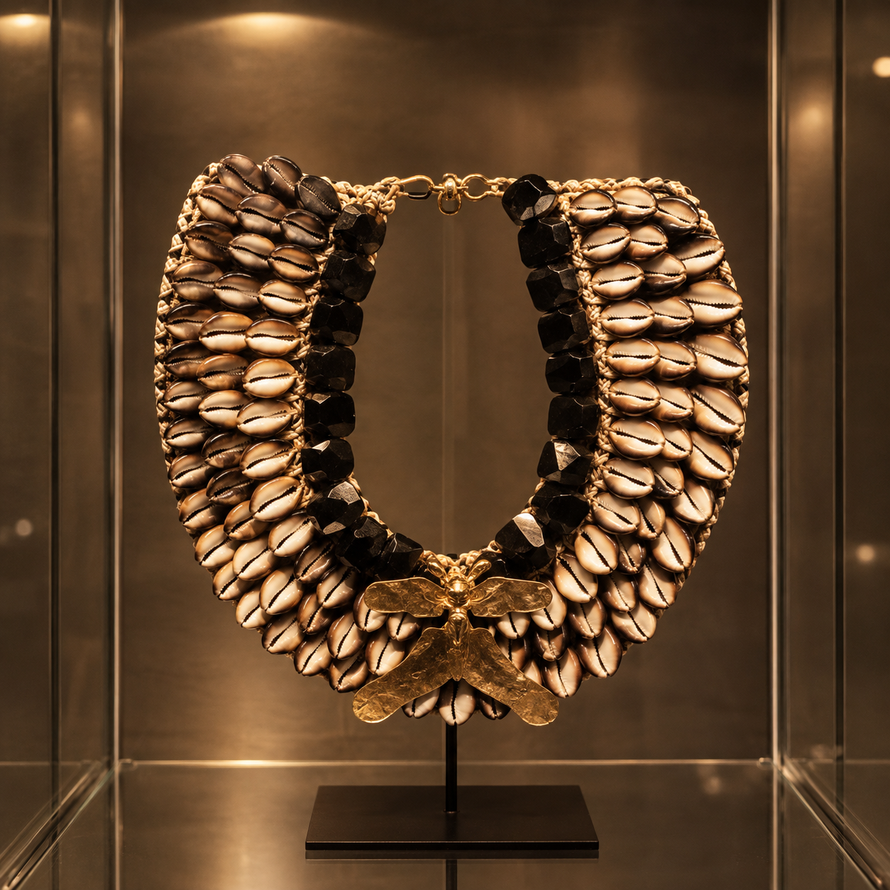 Collar ceremonial de conchas con mariposa dorada exhibido en vitrina