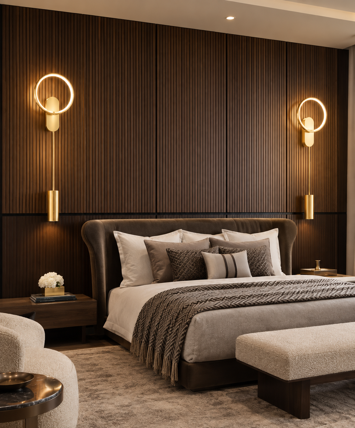 Recámara con muro de lambrín de madera oscura y apliques de latón