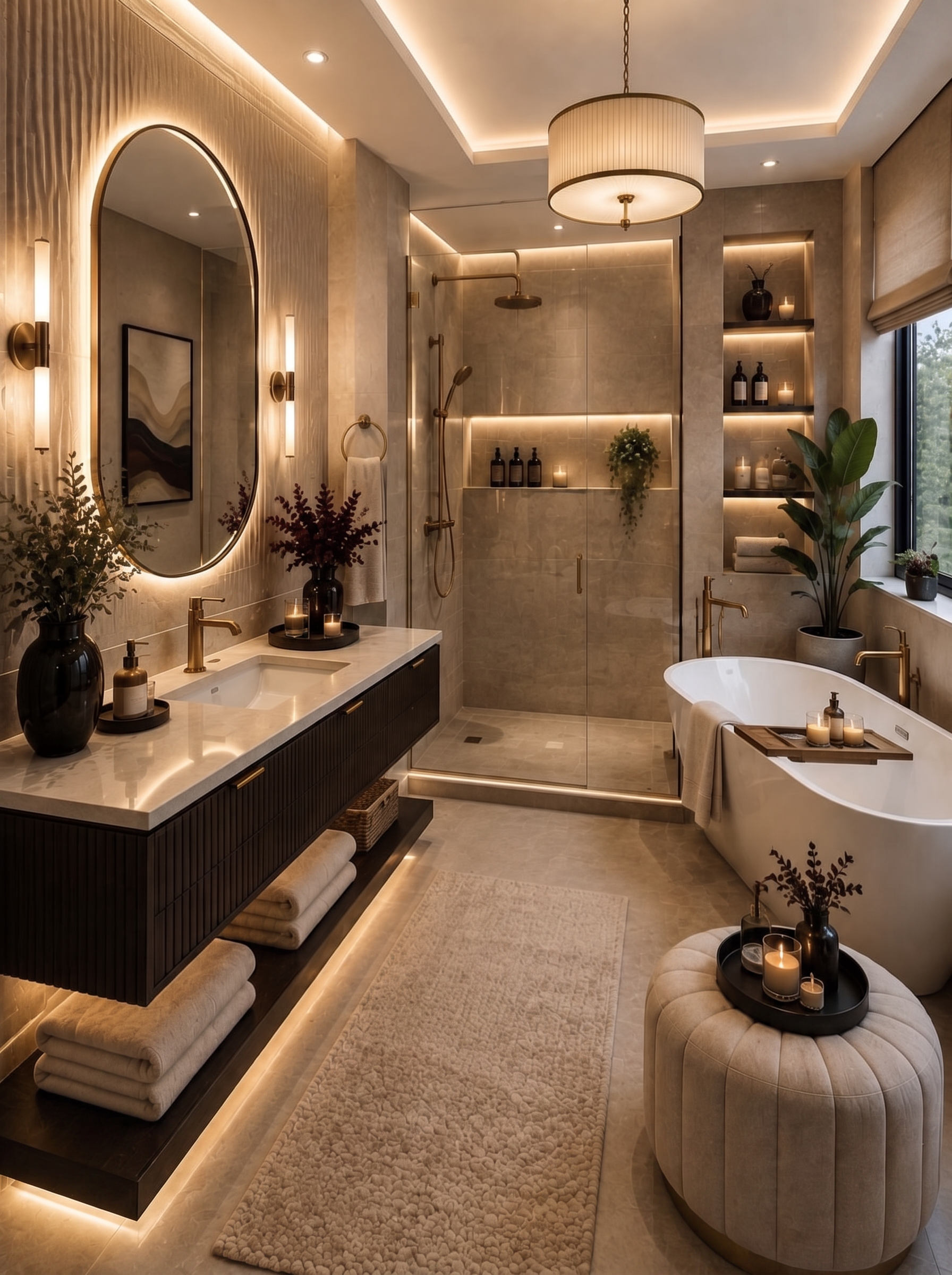 Baño principal con tina exenta e iluminación ambiental